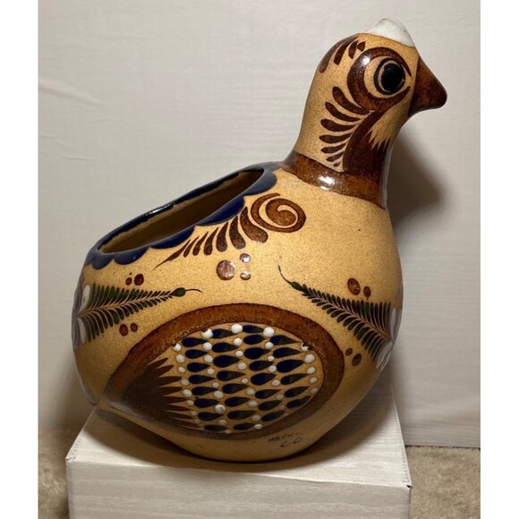 Mexican Folk Art Clay Bird Quail Peacock Planter Tonala Style Large 11" Tall - Picture 4 of 16